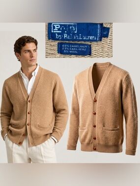 Polo Ralph Lauren Vintage Camel Hair Cashmere Cardigan Sweater Mens L Hong Kong